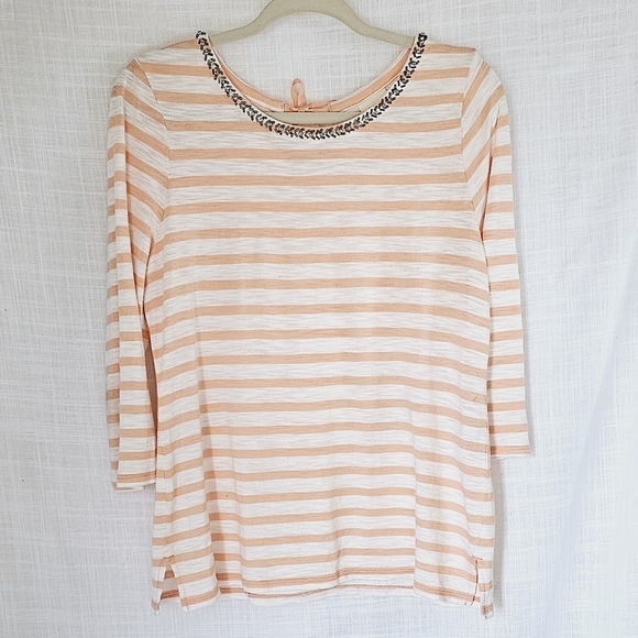 Chico's Striped Embellished Crew Neck 3/4 Sleeves Women's Top Size 1 - Picture 1 of 7